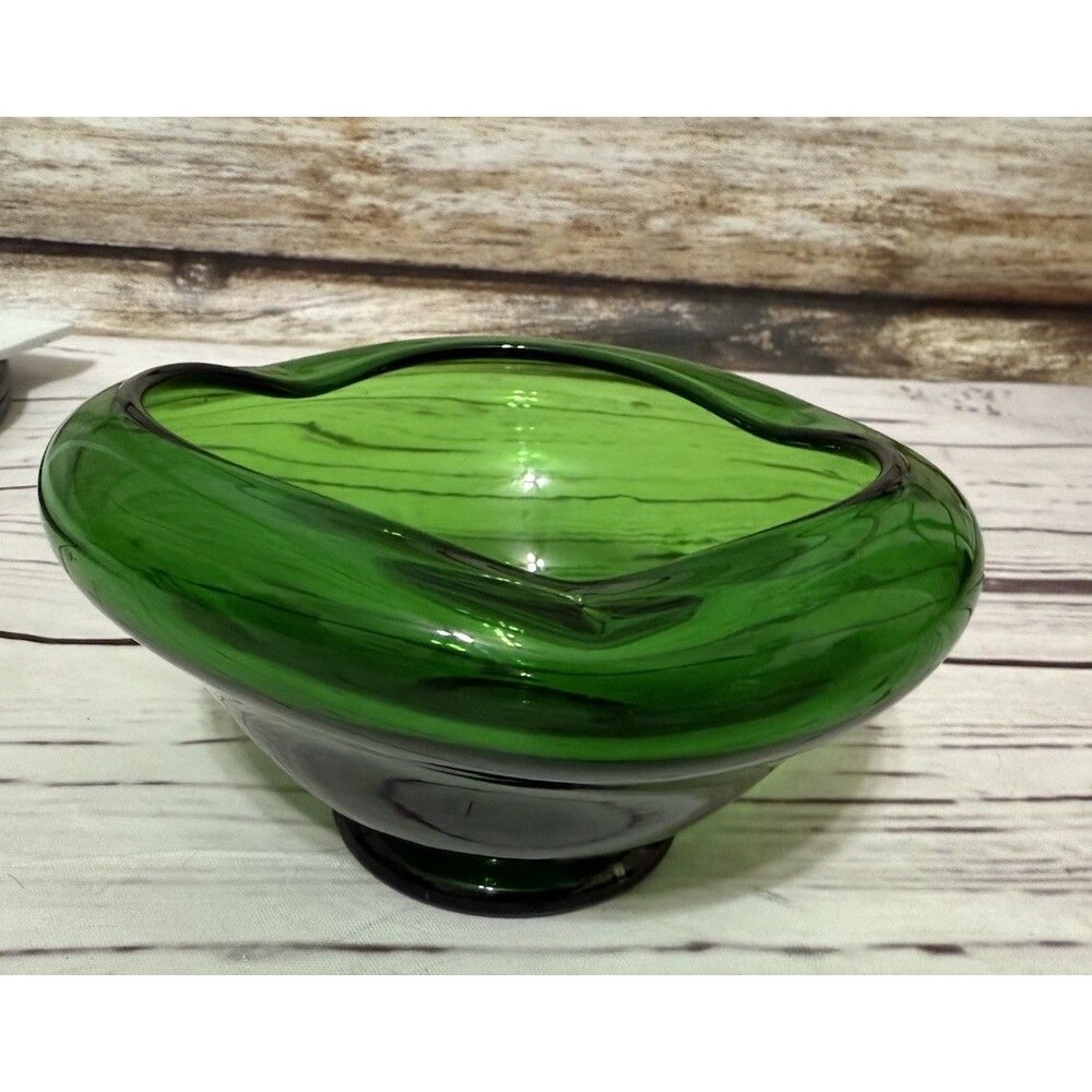 Mid Century Hunter Green Glass Bowl Waved Edge 5” X 3” Tall Vintage MCM Art - Picture 4 of 12
